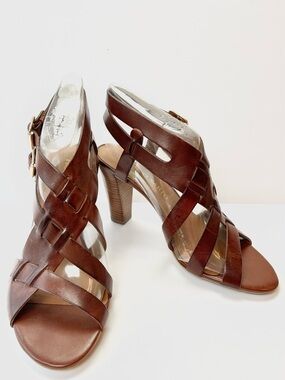 BROWN LEATHER STRAPPY BLOCK HEEL SANDAL